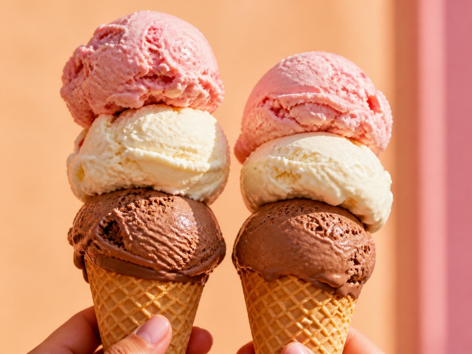 Two hand-dipped ice cream cones with strawberry, vanilla and chocolate scoops